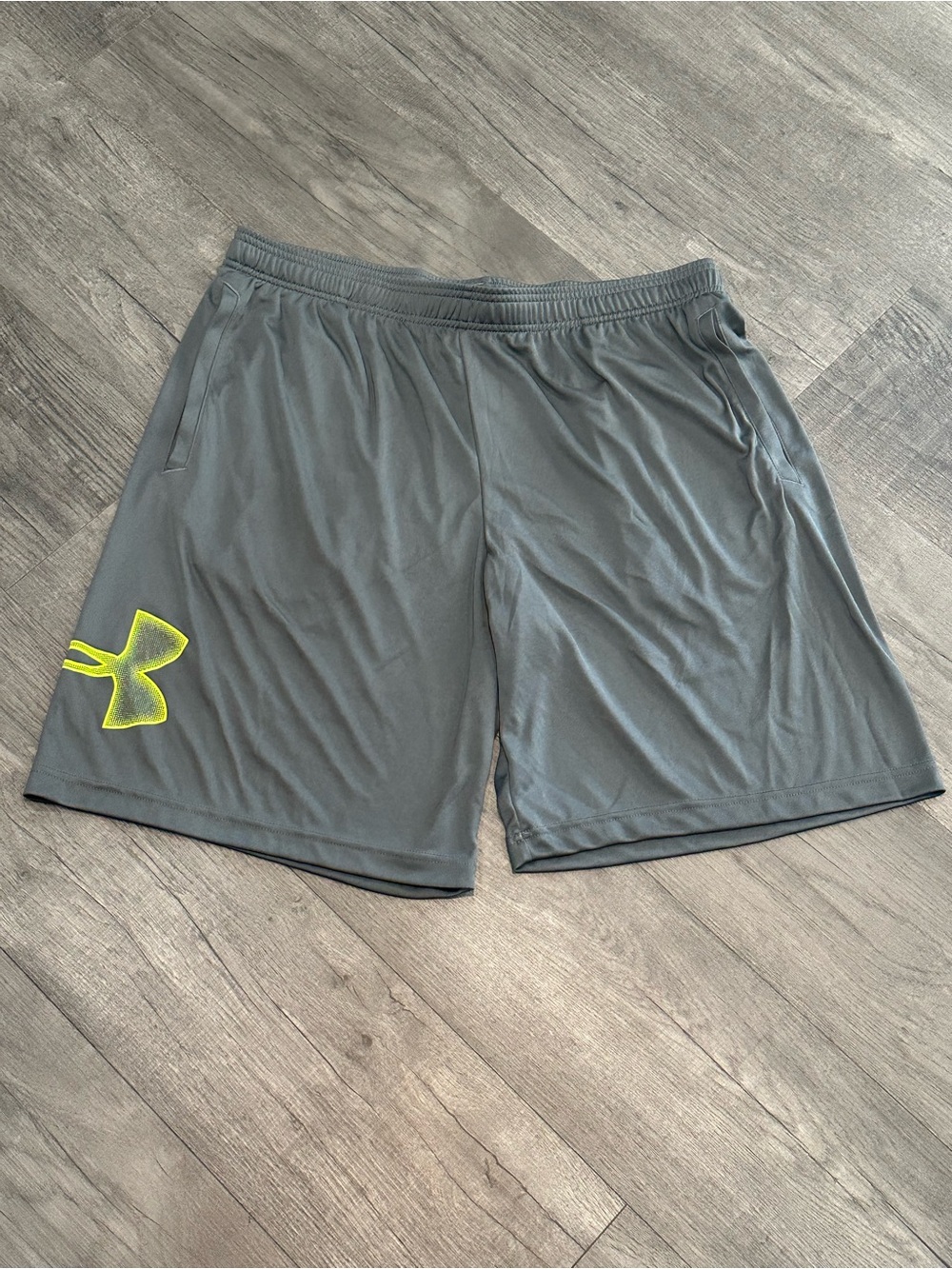Under Armour Men's Gray Performance Shorts with Neon Yellow Logo